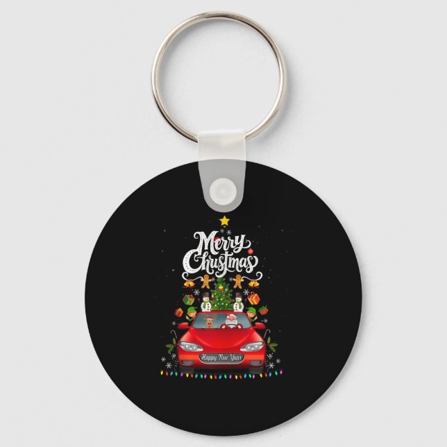 Funny Santa Driving Wagon Red Truck Christmas Tree Key Ring (Front)