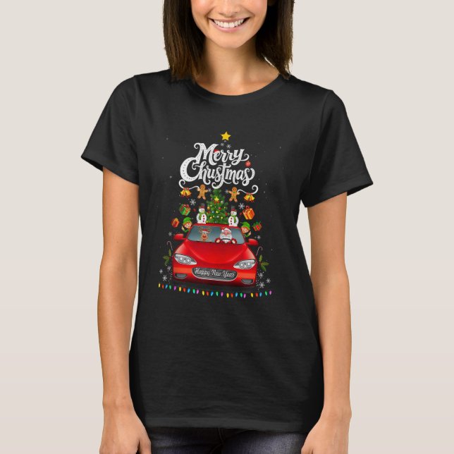 Funny Santa Driving Wagon Red Truck Christmas Tree T-Shirt (Front)