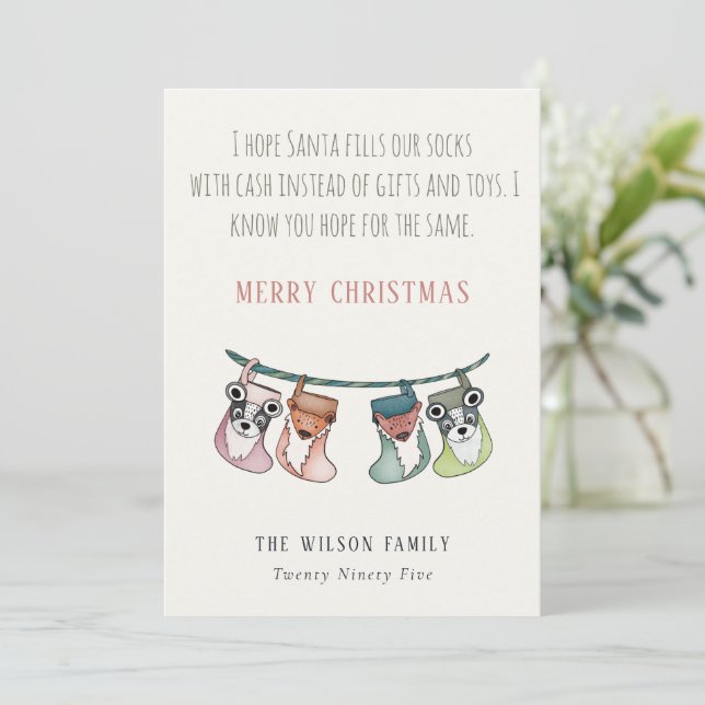 Funny Santa Fills Stockings With Cash Christmas Holiday Card (Standing Front)