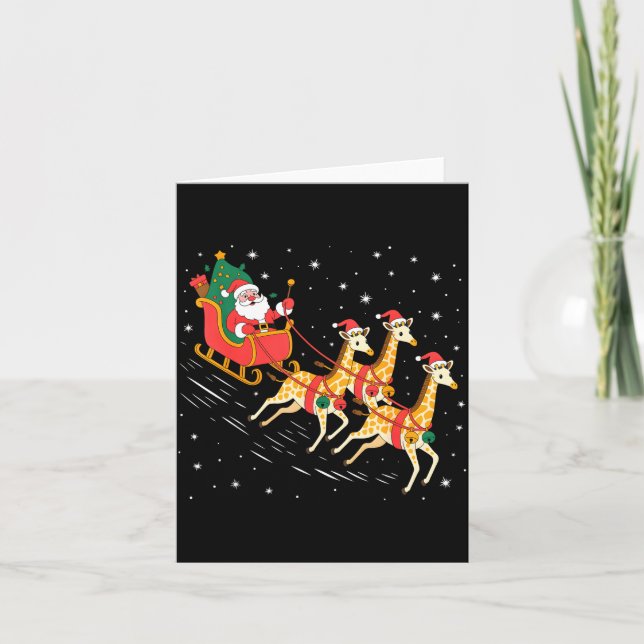 Funny Santa Giraffe Sleigh Flying Christmas Night  Card (Front)