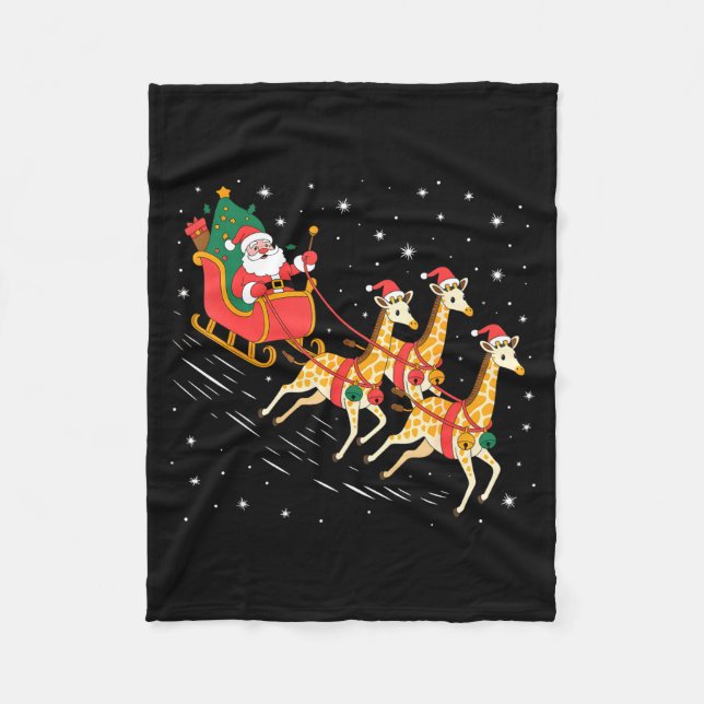 Funny Santa Giraffe Sleigh Flying Christmas Night  Fleece Blanket (Front)