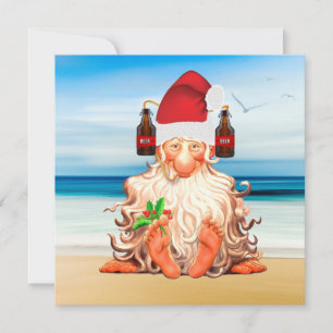 Funny Santa Gnome in a Beer Santa Hat on the Beach Holiday Card