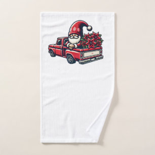 Funny Santa Gnome In Red Pickup Truck Hand Towel