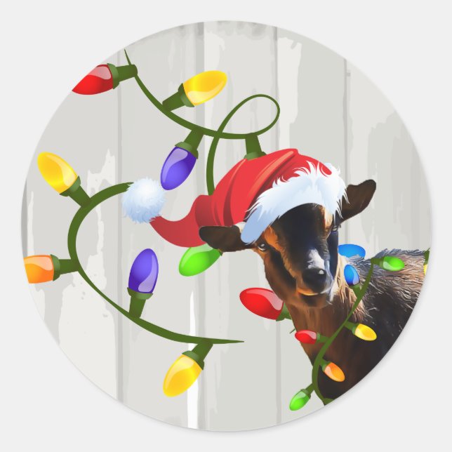 Funny Santa Goat and Christmas Lights Classic Round Sticker (Front)