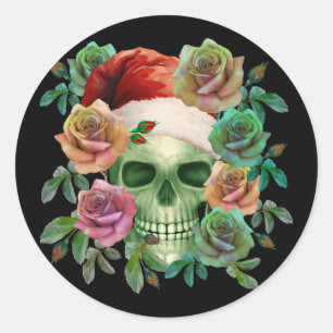FUNNY SANTA GREEN SKULL AND CHRISTMAS FLORAL CLASSIC ROUND STICKER