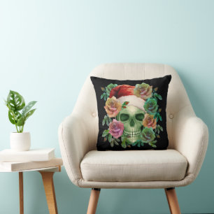 FUNNY SANTA GREEN SKULL AND CHRISTMAS FLORAL CUSHION