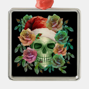 FUNNY SANTA GREEN SKULL AND CHRISTMAS FLORAL  METAL TREE DECORATION