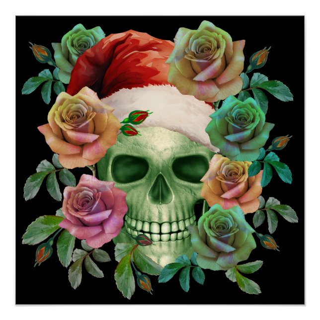 FUNNY SANTA GREEN SKULL AND CHRISTMAS FLORAL  POSTER (Front)