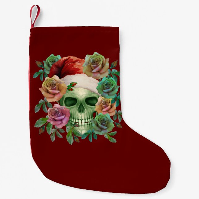 FUNNY SANTA GREEN SKULL AND CHRISTMAS FLORAL  SMALL CHRISTMAS STOCKING (Front)