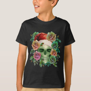 FUNNY SANTA GREEN SKULL AND CHRISTMAS FLORAL  T-Shirt