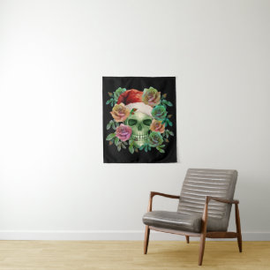 FUNNY SANTA GREEN SKULL AND CHRISTMAS FLORAL TAPESTRY