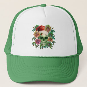 FUNNY SANTA GREEN SKULL AND CHRISTMAS FLORAL  TRUCKER HAT