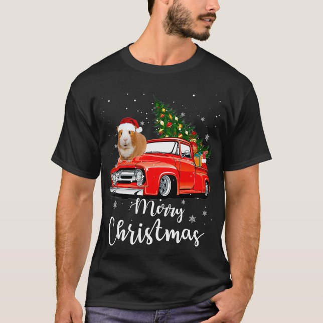 Funny Santa Guinea Pig Riding Red Truck Merry Chri T-Shirt (Front)