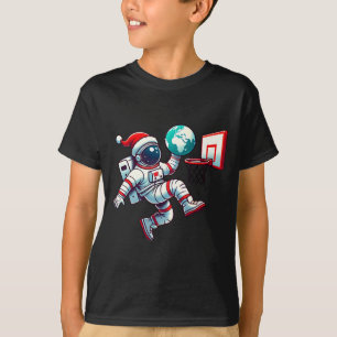 Funny Santa Hat Astronaut Dunking Earth Basketball T-Shirt