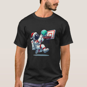 Funny Santa Hat Astronaut Dunking Earth Basketball T-Shirt