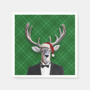 Funny Santa Hat Christmas Deer Green Plaid Napkin