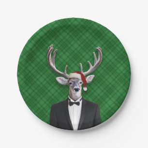 Funny Santa Hat Christmas Deer Green Plaid Paper Plate