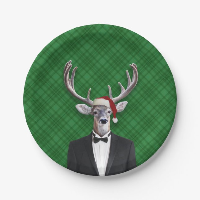 Funny Santa Hat Christmas Deer Green Plaid Paper Plate (Front)