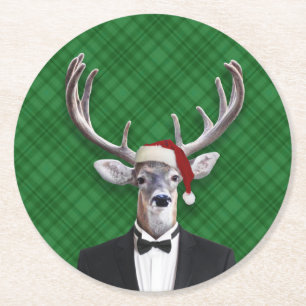 Funny Santa Hat Christmas Deer Green Plaid Round Paper Coaster
