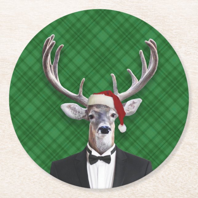 Funny Santa Hat Christmas Deer Green Plaid Round Paper Coaster (Front)