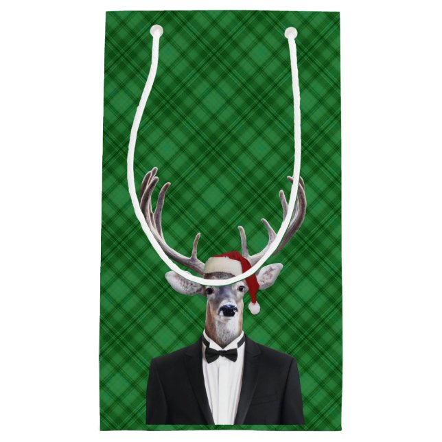 Funny Santa Hat Christmas Deer Green Plaid Small Gift Bag (Front)