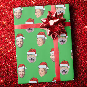 Funny Santa Hat Face, Custom Face 3 Photos  Wrapping Paper
