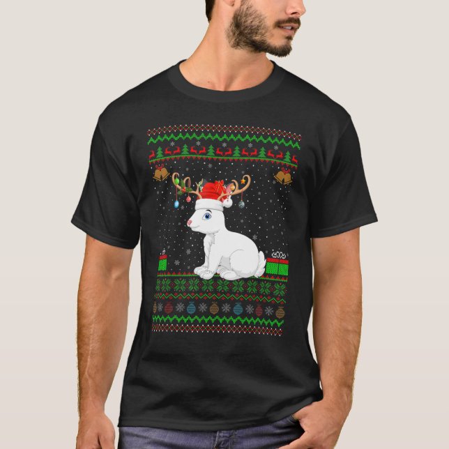 Funny Santa Hat Matching Ugly Arctic Hare Christma T-Shirt (Front)