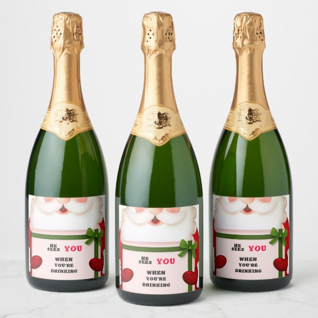 Funny Santa He Sees You When You're Drinking  Sparkling Wine Label (Bottles)