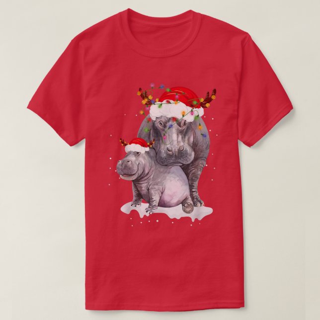 Funny Santa Hippo Christmas Lights Lover Christmas T-Shirt (Design Front)