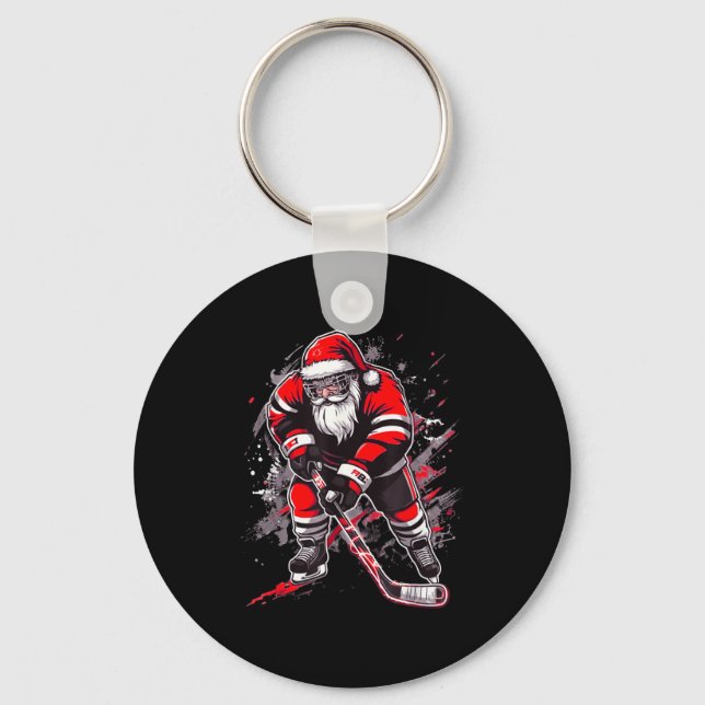 Funny Santa Hockey Christmas Retro Winter Player X Key Ring (Front)
