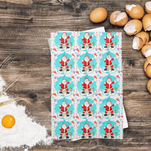 Funny Santa Ice Fishing With Polar Bear Pattern Tea Towel