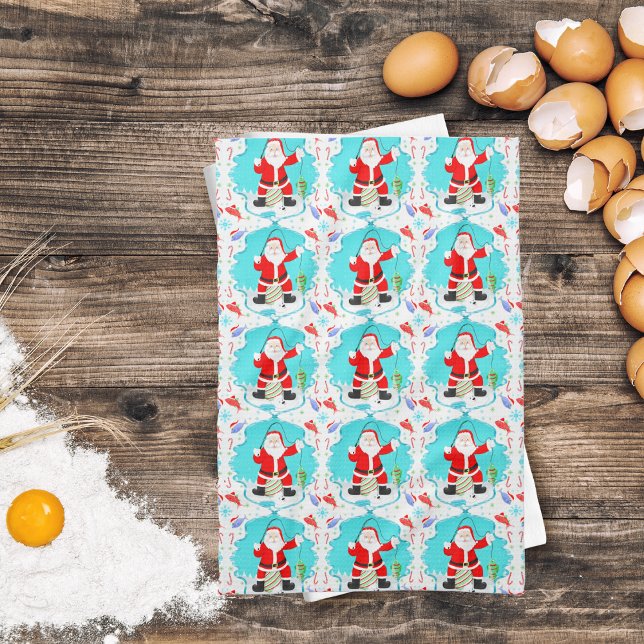 Funny Santa Ice Fishing With Polar Bear Pattern Tea Towel (Decorate your kitchen with reel fun for the fishing family!)