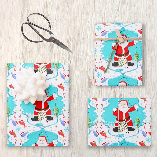 Funny Santa Ice Fishing With Polar Bear Pattern Wrapping Paper Sheet (Christmas fun for the fishing fan! )