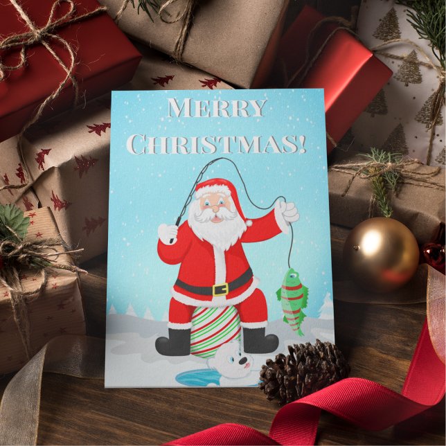 Funny Santa Ice Fishing With Polar Bear Postcard (Santa and Polar Bear Reel in the Fun: A Perfect Catch for the Angler in Your Life!)
