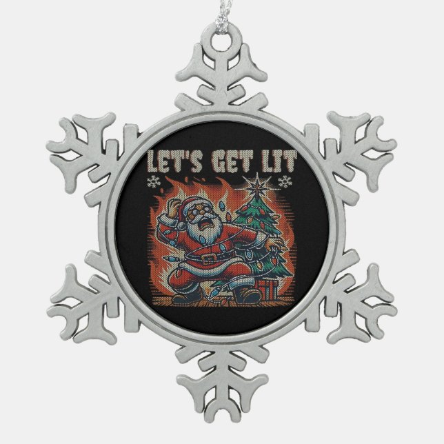 Funny Santa Is Burning Let's Get Lit Classic Snowflake Pewter Christmas Ornament (Front)