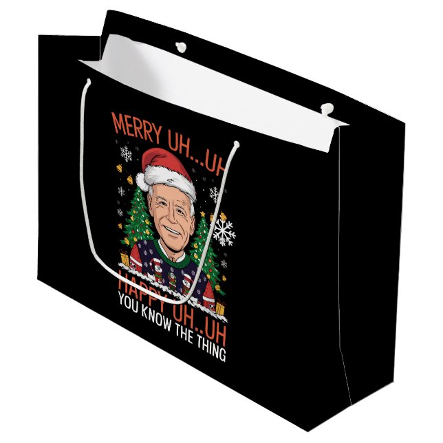 Funny Santa Joe Biden Merry Uh Uh Christmas Ugly Large Gift Bag (Front Angled)
