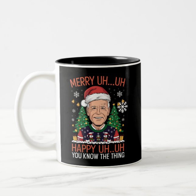 Funny Santa Joe Biden Merry Uh Uh Christmas Ugly Two-Tone Coffee Mug (Left)
