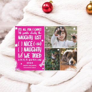 Funny Santa naughty list 3 photos pink Christmas Holiday Card