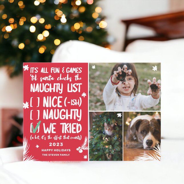 Funny Santa naughty list 3 photos red Christmas Holiday Card (Funny Santa naughty list 3 photos bright Christmas Holiday Card)