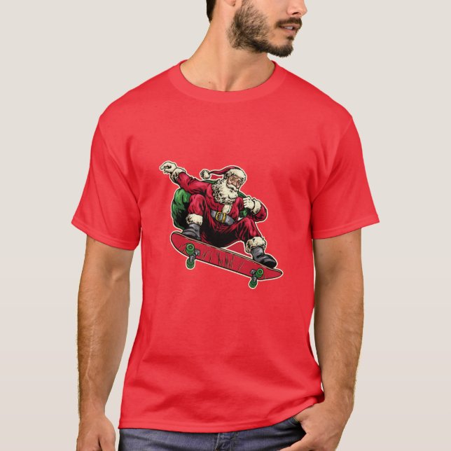 Funny Santa on Red Skateboard Merry Christmas T-Shirt (Front)