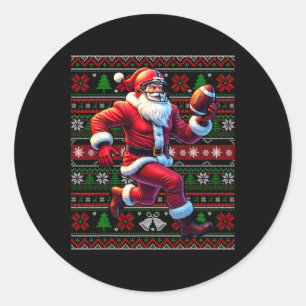 Funny Santa Playing American Football Ugly Christm Classic Round Sticker