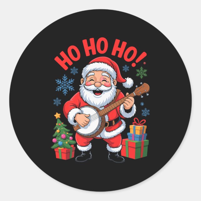 Funny Santa Playing Banjo Holiday Chrismas Xmas Pa Classic Round Sticker (Front)