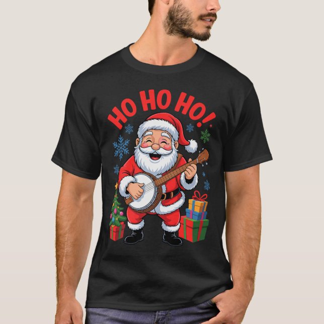 Funny Santa Playing Banjo Holiday Chrismas Xmas Pa T-Shirt (Front)