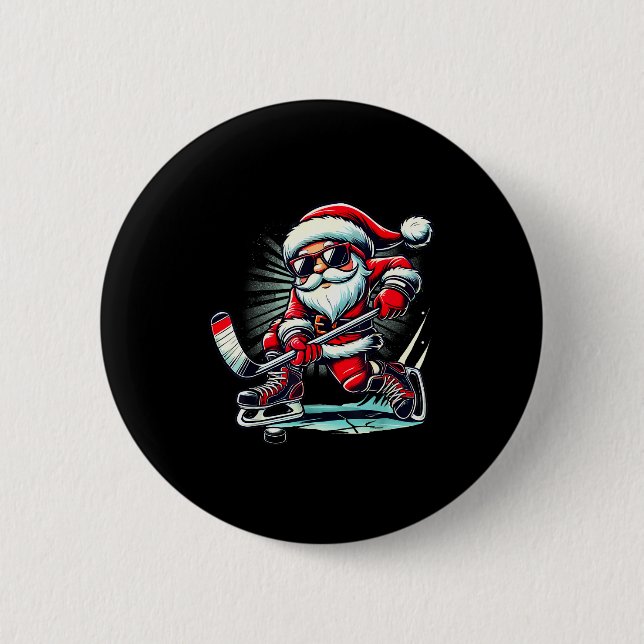 Funny Santa Playing Ice Hockey Lovers Boys Girls C 6 Cm Round Badge (Front)