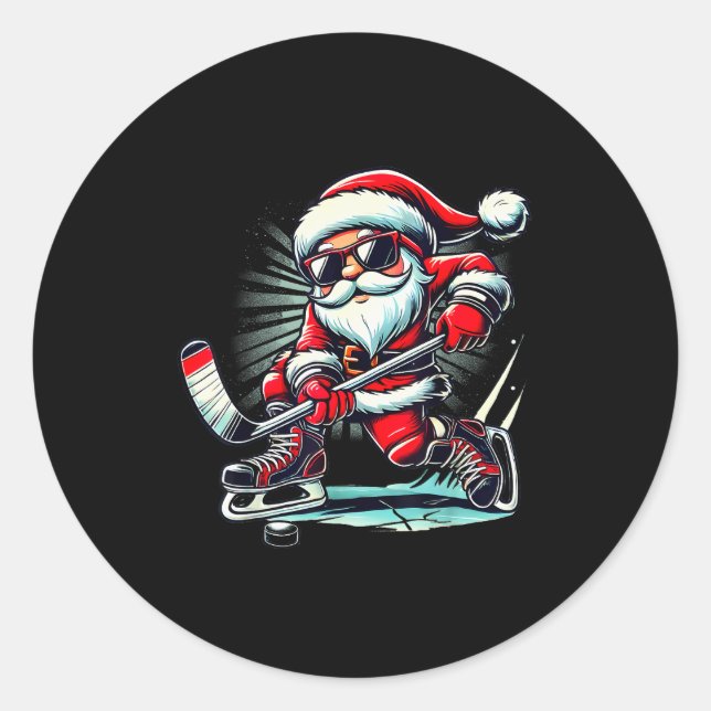 Funny Santa Playing Ice Hockey Lovers Boys Girls C Classic Round Sticker (Front)