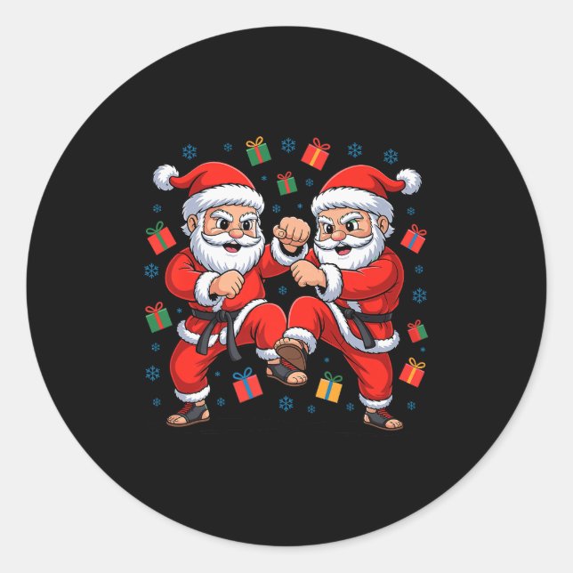 Funny Santa Playing Karate Martial Art Christmas X Classic Round Sticker (Front)