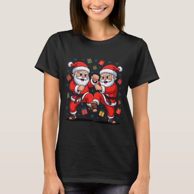 Funny Santa Playing Karate Martial Art Christmas X T-Shirt (Front)
