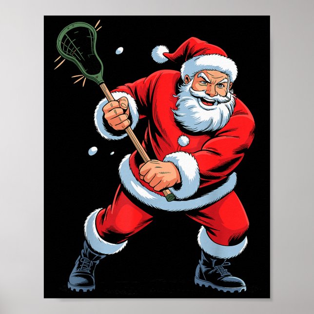 Funny Santa Playing Lacrosse Holiday Christmas Xma Poster (Front)