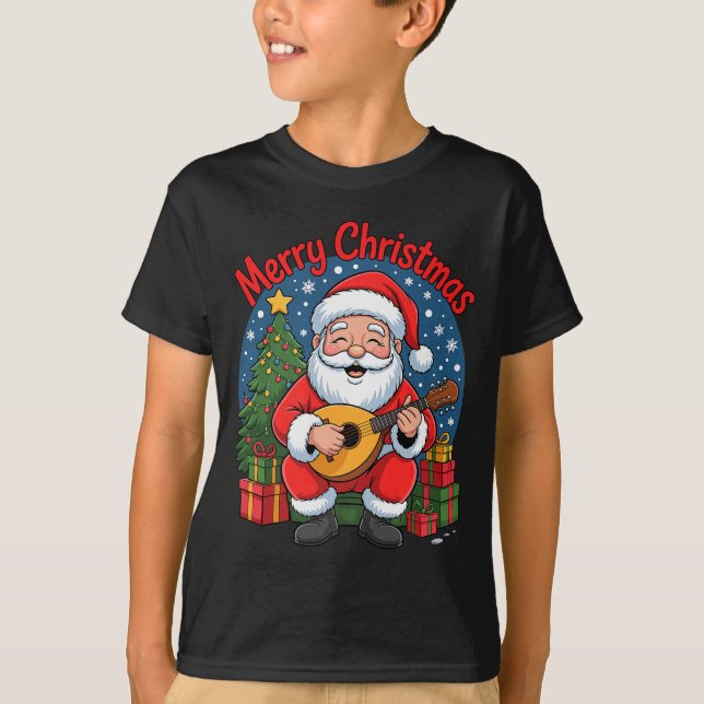 Funny Santa Playing Mandolin Holiday Chrismas Xmas T-Shirt (Front)