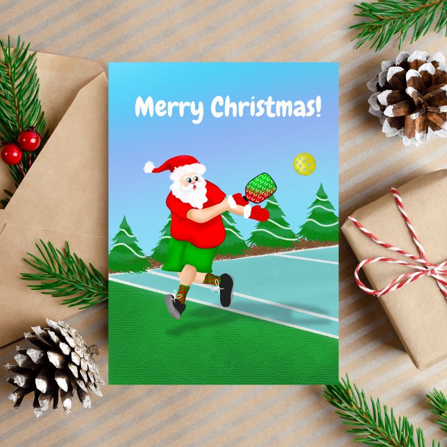 Funny Santa Playing Pickleball Merry Christmas  Holiday Card (Christmas Pickleball with Santa.)
